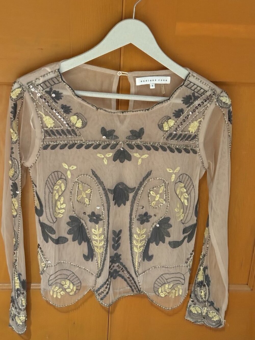 Endless Rose Tan and Gray Sheer Mesh Long Sleeve Top Beading & Embroidered SMALL